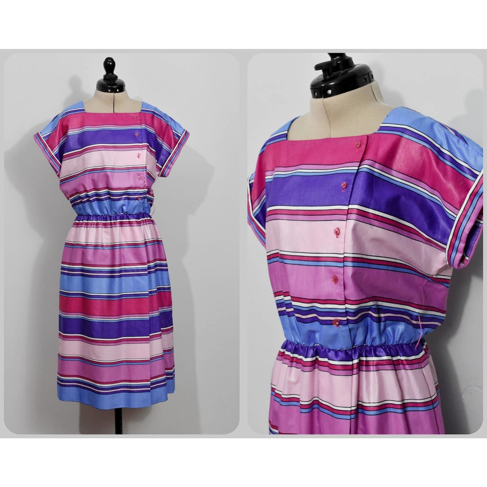 Warren Petites Pink/Purple Striped 80s Dress